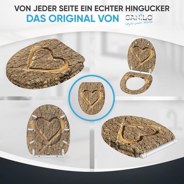 Sanilo WC Sitz mit Baumrinden Optik und Herz Motiv in verschiedenen Ansichten.