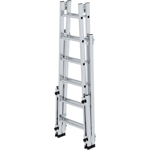 Günzburger Steigtechnik Aluminium-Stufenstehleiter mit Holmverlängerung für Treppenanpassung und Werkzeugschale.