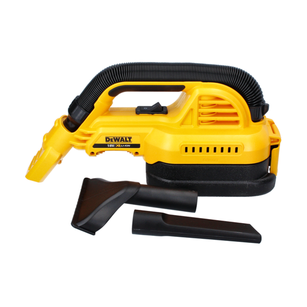 Gelb-schwarzer DeWalt 18 Volt XR Lithium-Ionen Akku-Handsauger mit flexiblem Saugschlauch, Fugendüse und Polsterdüse.