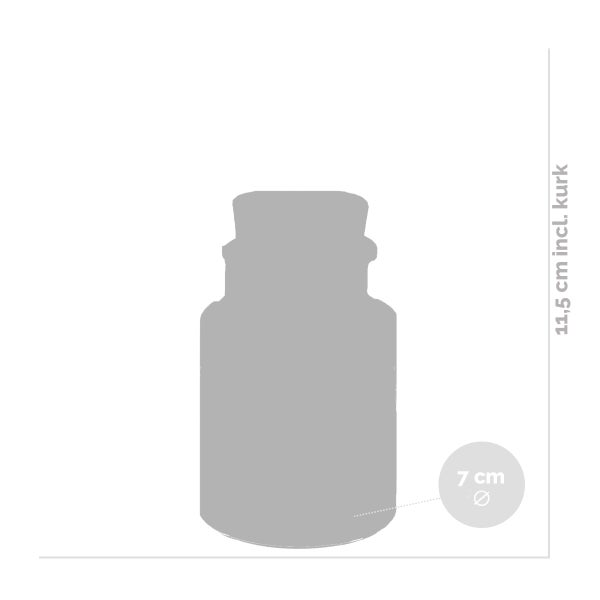 Abmessungen eines Glasbehälters mit Korken: 11,5 cm Höhe, 7 cm Durchmesser