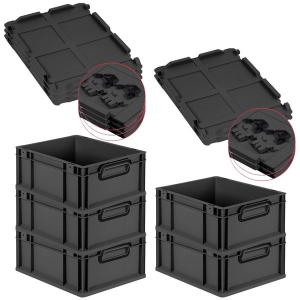 PROREGAL SuperSparSet 5x Eurobox NextGen Color mit Scharnierdeckel und Schiebeschnappverschlüssen, HxBxT 17x30x40cm, 16 Liter, Schwarz, Griffe schwarz geschlossen, Eurobehälter, Transportbox, Transportbehälter, Stapelbehälter