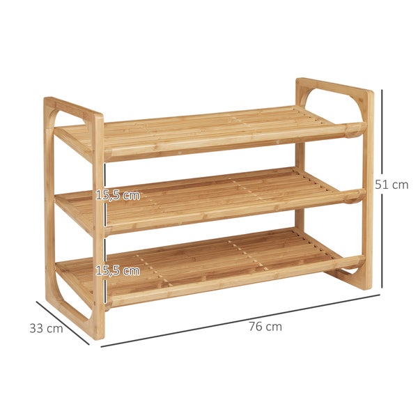 HOMCOM Schuhregal, Schuhständer mit 3 Ebenen aus Bambus, für max. 9 Paar Schuhe, Schuhablage mit Griff für Eingang, Schlafzimmer, 76 x 33 x 51 cm, Natur