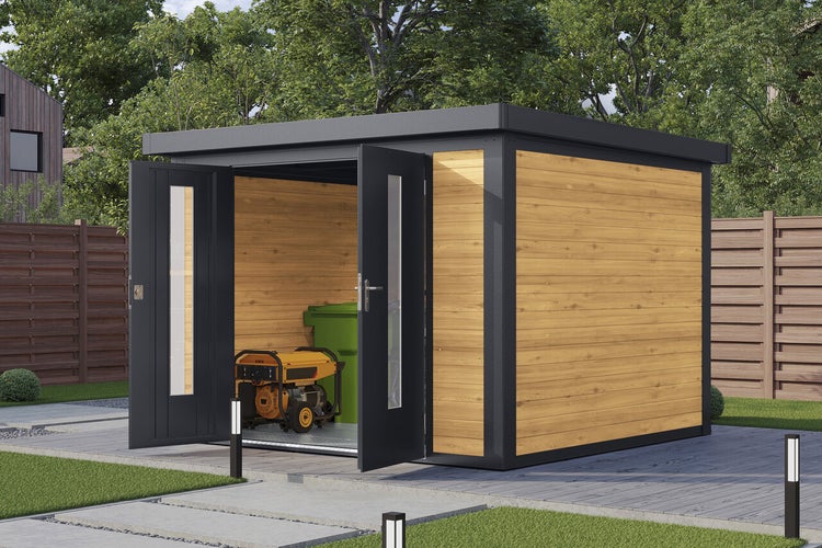 Modernes Gartenhaus mit Flachdach und Doppeltür, genutzt als Geräteschuppen im Außenbereich auf einer gepflasterten Terrasse.