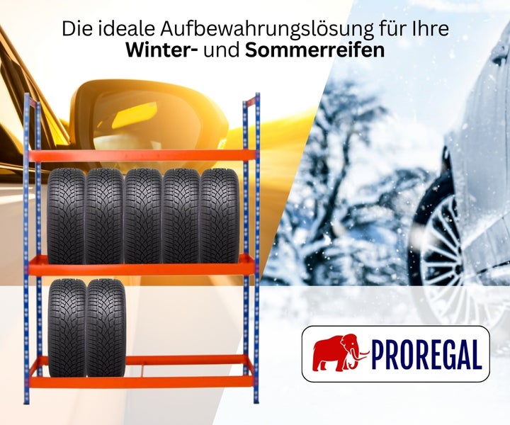 Stabiles Reifenregal von ProRegal aus Metall mit mehreren Ebenen für die Lagerung von Winterreifen und Sommerreifen.
