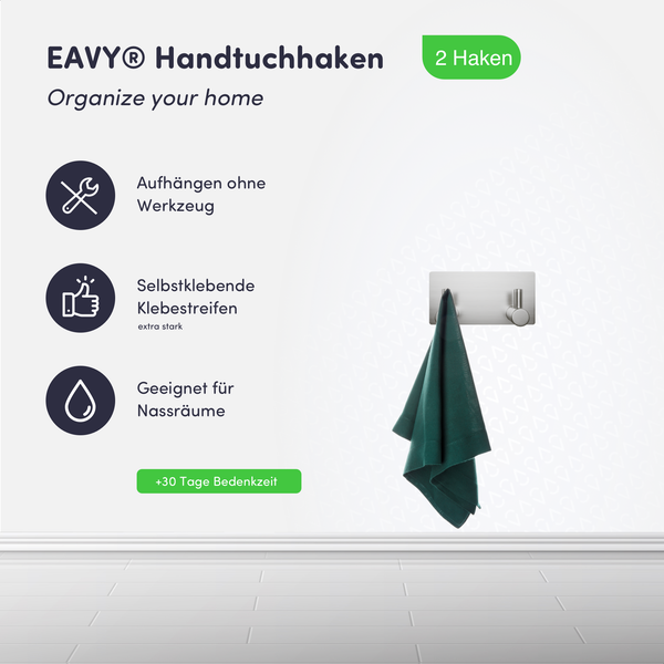 EAVY Handtuchhaken mit 2 Haken, selbstklebend für Montage ohne Werkzeug, geeignet für Nassräume.