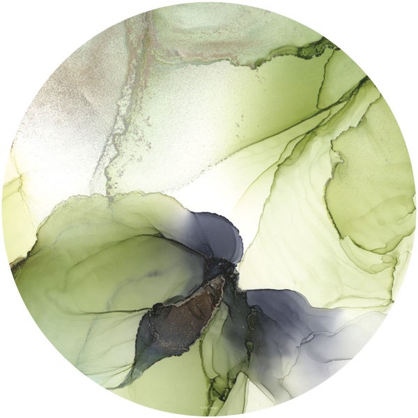 Raumgestaltung mit rundem Wandbild, Sessel und Tisch