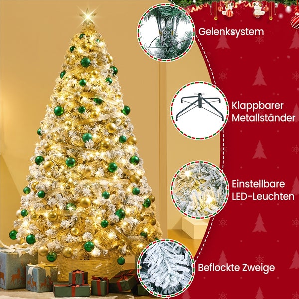 Geschmückter, künstlicher Weihnachtsbaum mit Gelenksystem, klappbarem Metallständer, einstellbaren LED-Leuchten und beflockten Zweigen