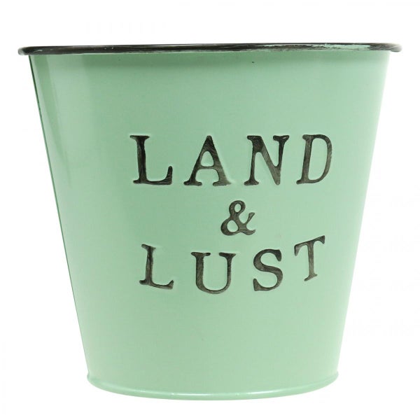 Dekorativer Pflanztopf mit der Aufschrift Land & Lust.