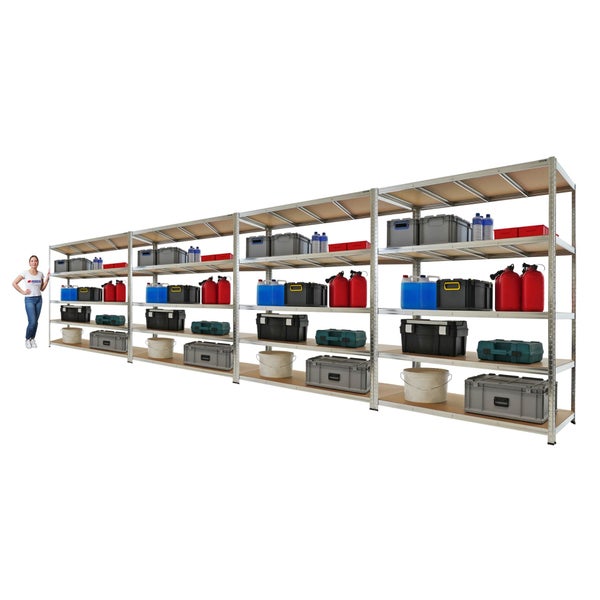 Großes Schwerlastregal aus Metall mit vier Modulen und Holzböden, gefüllt mit diversen Lagerbehältern und Werkzeugkisten.