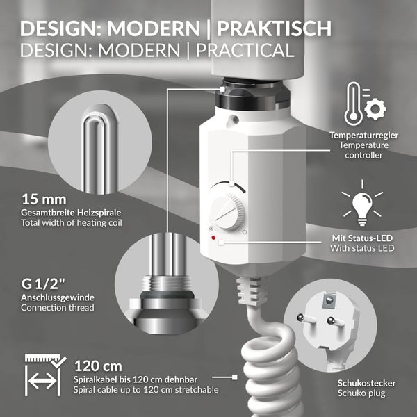 Moderner weißer Heizstab-Regler mit 15 Millimeter Heizspirale, G einhalb Zoll Gewinde, 120 Zentimeter Spiralkabel, Schukostecker und Status-LED.