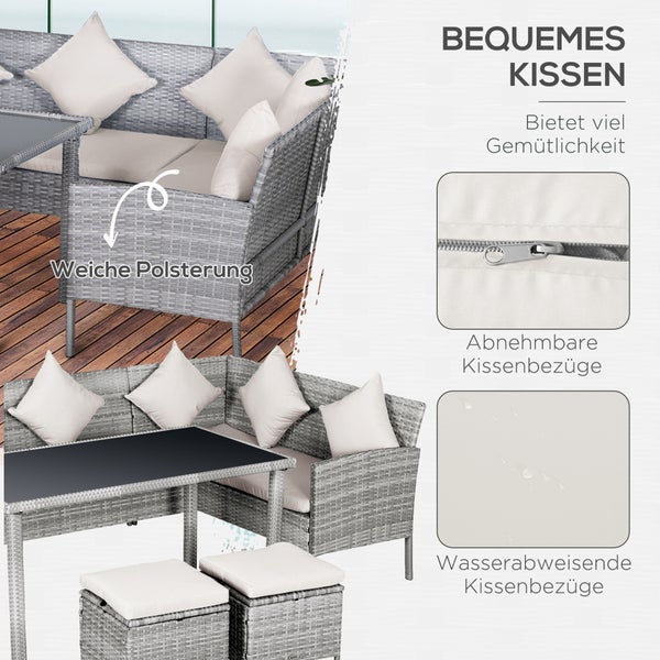 Outsunny 5-tlg. Gartenmöbel-Set, L134 x B60 x H75 cm, PE-Rattan, Metall, Polyester, Gehärtetes Glas, mehrfarbig