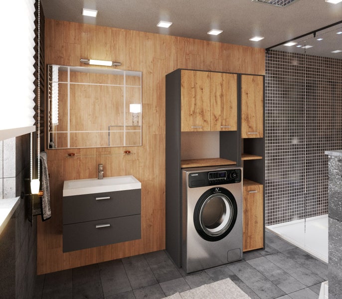 Badezimmer mit Waschtisch, Spiegel, Waschmaschine und Duschkabine