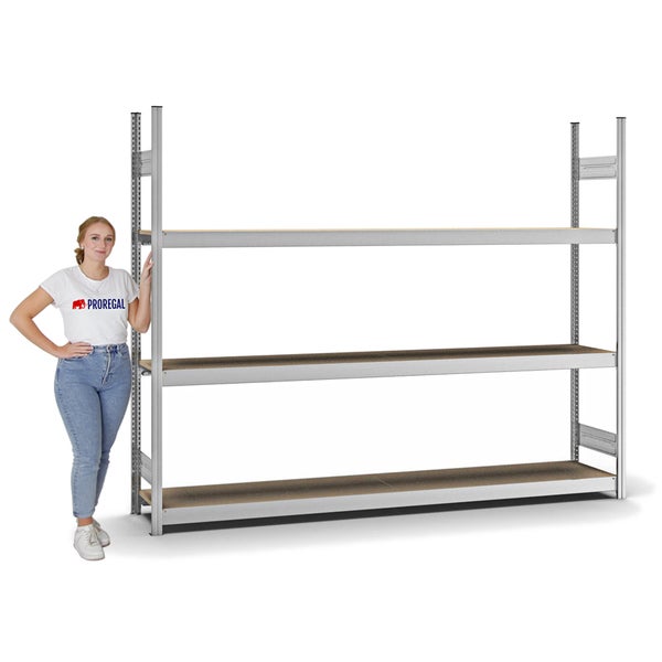 PROREGAL Weitspannregal Stecksystem T-Profil Grundregal HxBxT 200x250x40 cm 3 Ebenen Spanplatten Fachboden Fachlast 350 kg Verzinkt