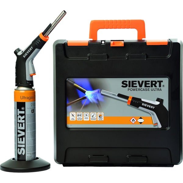 Sievert Powercase Ultra Set mit Powerjet Lötbrenner, Ultragas Gaskartusche und schwarzem Transportkoffer mit orangefarbenem Griff.