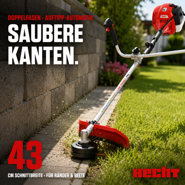 Hecht Motorsense trimmt Rasenkanten an einer Steinmauer im Garten. 43 Zentimeter Schnittbreite, Doppelfaden-Auftipp-Automatik. Hecht Logo.