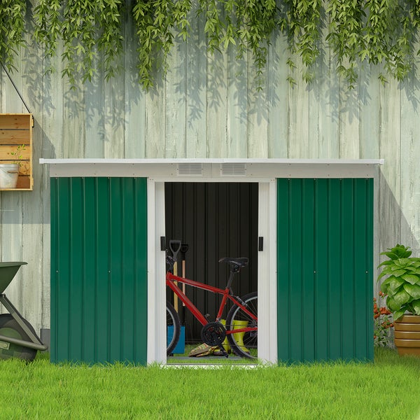 Outsunny Gerätehaus, Geräteschuppen mit Schiebetür, Lüftungsfenster, Pultdach, Outdoor, 280 x 130 x 172 cm, Stahl, Dunkelgrün
