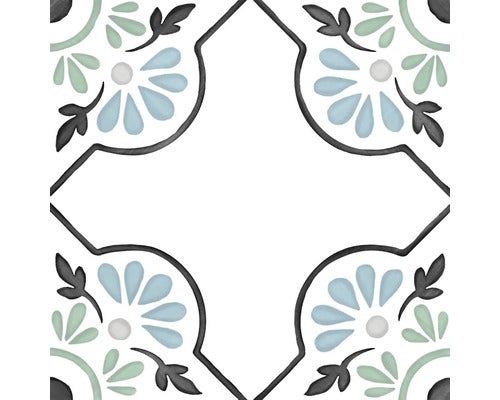 Quadratische Fliese mit floralem Ornamentmuster und geschwungenen Linien.