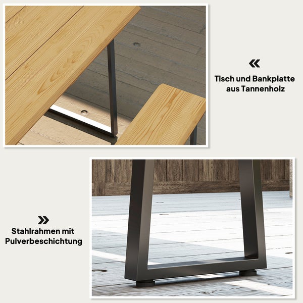 Tischplatte und Bankplatte aus Tannenholz mit Stahlrahmen und Pulverbeschichtung