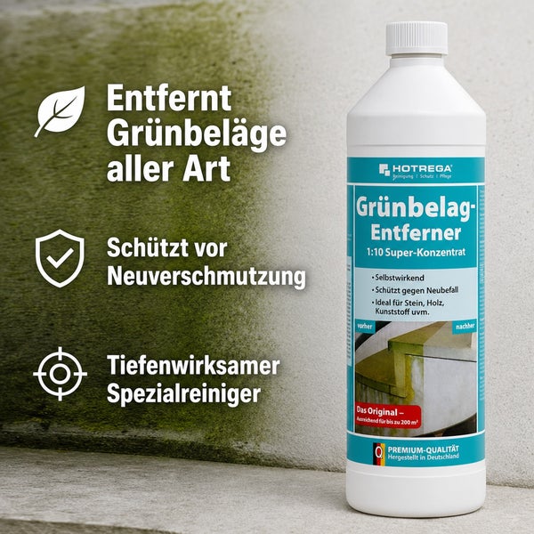 Hotrega Gruenbelag Entferner Super Konzentrat zur Reinigung von Stein Holz und Kunststoffoberflaechen inklusive Anwendungshinweisen