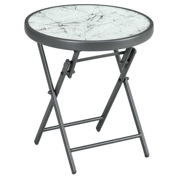 Outsunny Beistelltisch klappbar, Klapptisch aus Glas mit Marmoroptik, kleiner Campingtisch, runder Sofatisch Balkontisch für Balkon Terrasse Wohnzimmer Büro, 45 x 45 x 50 cm, Weiß