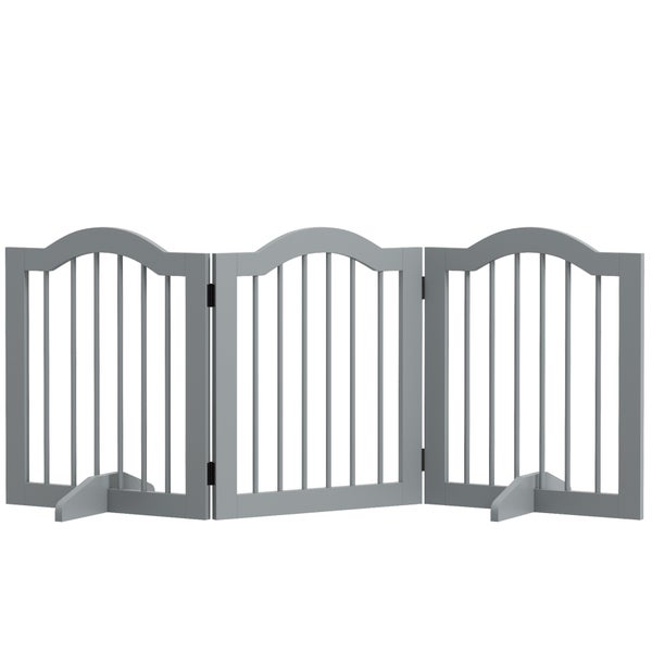 PawHut Absperrgitter Hund 3-teilig, 154,5 x 61 cm Faltbar Hundegitter mit Tür, Türschutzgitter mit 2 Stützfüßen, Freistehend Treppengitter für Küche, Flur, Hellgrau