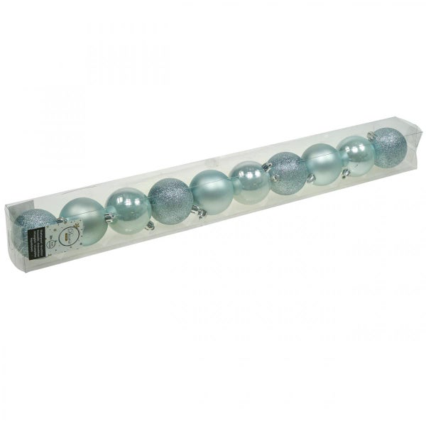 Zehn Christbaumkugeln aus Kunststoff in einer transparenten Verpackung.