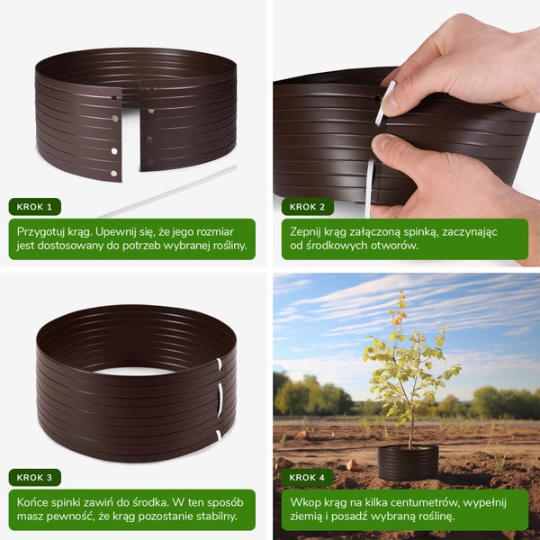 Anleitung zur Montage einer runden Beeteinfassung aus Kunststoff mit Verbindungsclips für Gartenpflanzen in vier Schritten dargestellt.