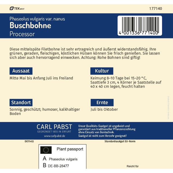 Buschbohne mittelspät & robust Processor Samen von Pabst Keimkraft
