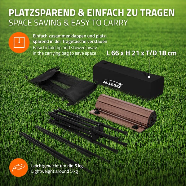 Hauki Campingtisch faltbar Braun, 118 x 55 x 64,5 cm, Aluminium Klapptisch, Aufrollbare Tischplatte, Falttisch klappbar, Gartentisch Balkontisch Reisetisch Rolltisch Markttisch inkl. Tragetasche