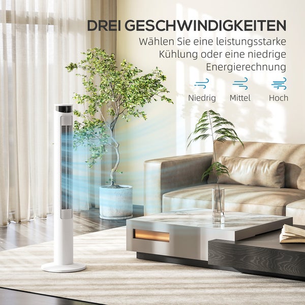 HOMCOM Turmventilator, Standventilator mit 3 Belüftungsstufen, Fernbedienung, 45W Ventilator mit 12H Timer, 70° Oszillation, für Schlafzimmer, Weiß