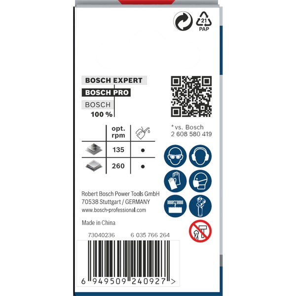 Bosch Expert Verpackungsaufdruck mit Informationen zu Umdrehungen pro Minute und Sicherheitsvorkehrungen