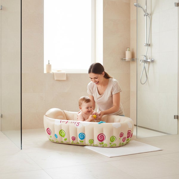 Mutter badet ihr Baby in einer aufblasbaren Kunststoffbabywanne mit Lollipop Motiven in einem modern gefliesten Badezimmer.