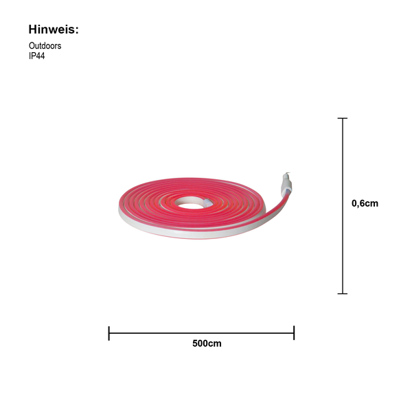 Neon Flex Lichtband, 500 cm lang, 0,6 cm dick, geeignet für den Außenbereich, Schutzart IP44