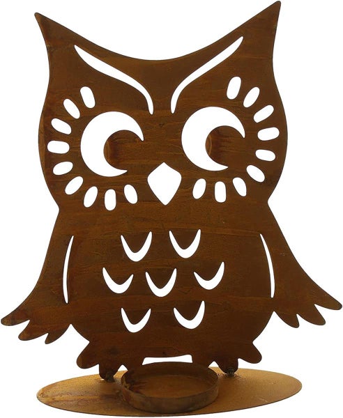 Dekoleidenschaft Kerzenhalter Eule aus Metall in Rost Optik, 24 cm hoch, Teelichthalter, Windlicht für Teelichter und Stumpenkerzen, Teelichtständer, Tischdeko