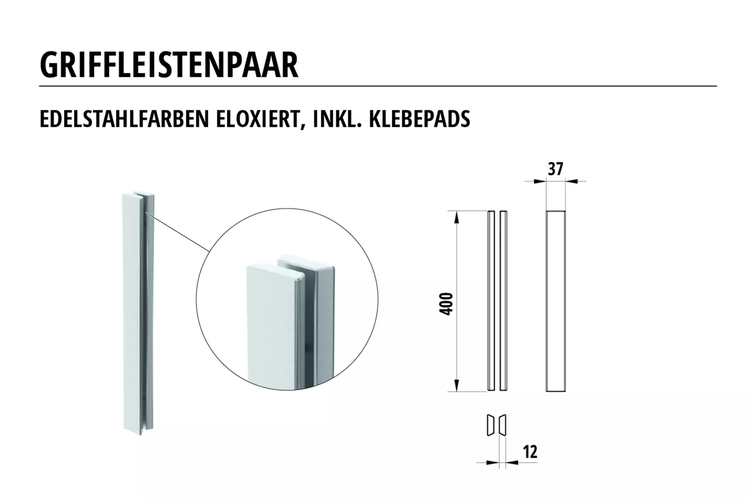 Glas-Griffleisten beidseitig 400 (silber) passend für ClassicPocket & PremiumPocket Systeme