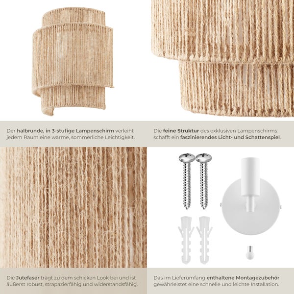 Halbrunde dreistufige Wandleuchte aus Jutefasern mit Montagematerial für eine einfache Installation.