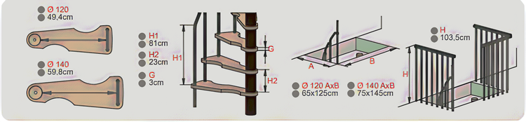 HandyStairs platzsparende Wendeltreppe „Radius“ – 120 x 60 cm – 299 cm hoch – 12 Buchenstufen – Grau