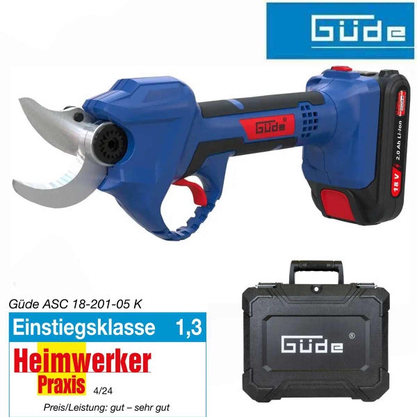 Güde Akku-Astschere ASC 18-201-05 K mit 18 Volt Akku, Transportkoffer, Auszeichnung Einstiegsklasse Note 1,3 Heimwerker Praxis und Güde Logo.