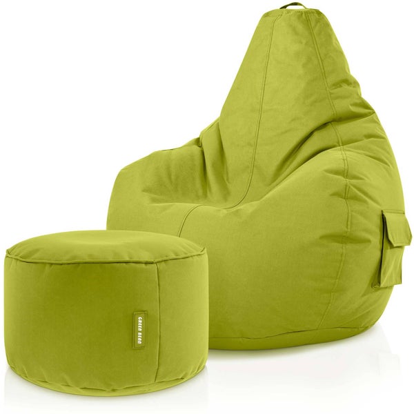 Green Bean 2er Set Sitzsack + Hocker - fertig befüllt - robust waschbar schmutzabweisend - Kinder & Erwachsene Bean Bag Bodenkissen Lounge Sitzhocker Relax-Sessel Gamer Gamingstuhl Pouf - Grün