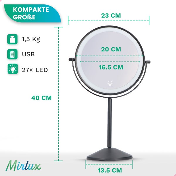 Mirlux Kosmetikspiegel mit LED Beleuchtung 10fache Vergrößerung Rund 3 Lichtstufen Wiederaufladbar  Schwarz