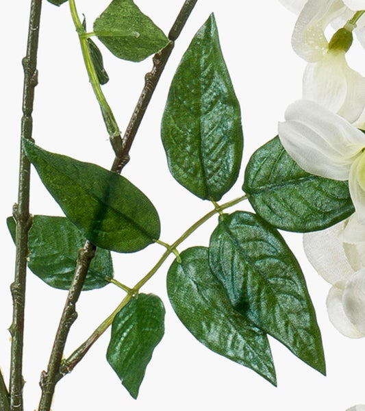 Nahaufnahme einer künstlichen Sukkulente mit strukturiertem Stamm und kleinen Blättern.