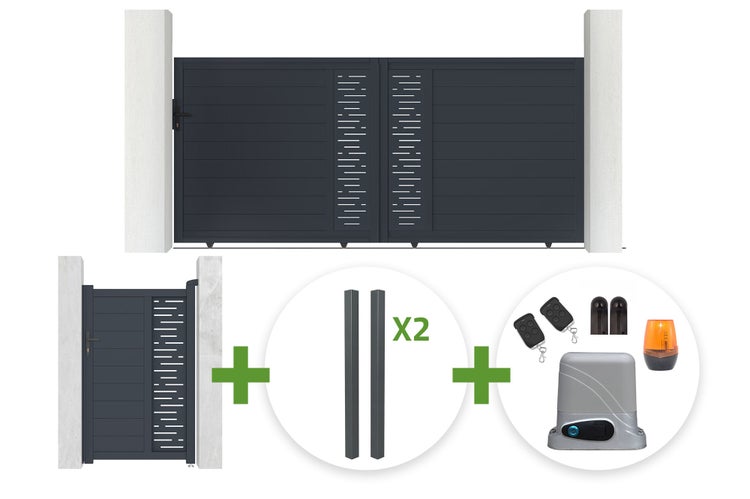 Set aus anthrazitfarbenem zweiteiligem Schiebetor, Pforte, zwei Pfosten und elektrischem Torantrieb mit Fernbedienungen und Signalleuchte.