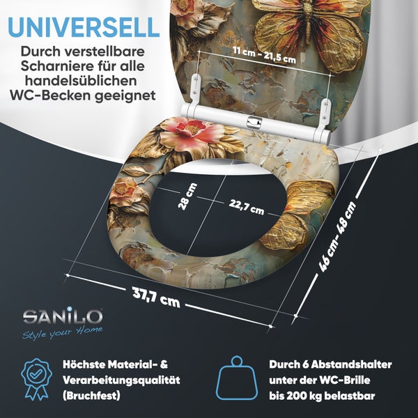 WC Sitz mit Blumen und Schmetterling Motiv inklusive technischer Maßangaben und verstellbaren Scharnieren von Sanilo.