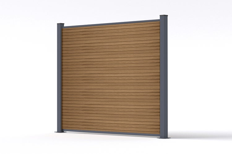 Sichtschutzelement aus Holzoptik Lamellen mit einem stabilen Metallrahmen und zwei Pfosten für den Gartenbereich