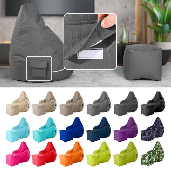 Green Bean 2er Set Sitzsack + Hocker - fertig befüllt - robust waschbar schmutzabweisend - Kinder & Erwachsene Bean Bag Bodenkissen Lounge Sitzhocker Relax-Sessel Gamer Gamingstuhl Pouf - Grau