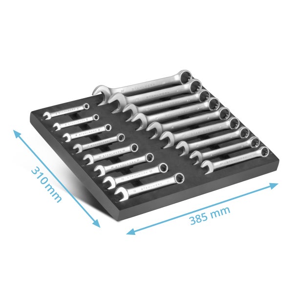 STAHLWERK Ringmaulschlüssel Satz im Werkzeugkasten mit Größenangaben