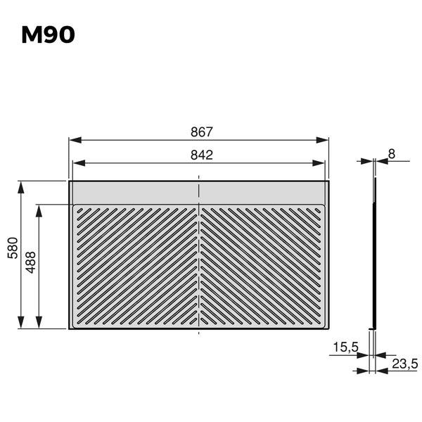 Maßzeichnung für Produkt M90 mit Abmessungen in Millimetern. Breite 867 Millimeter, Höhe 580 Millimeter.