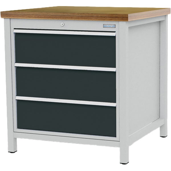 Werkstattschrank in Grau mit blauen Schubladen, eine Schublade auf Teleskopschienen weit ausgezogen.