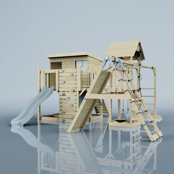 Holzspielplatz mit Rutsche, Kletterwand, Schaukel und Spielhaus