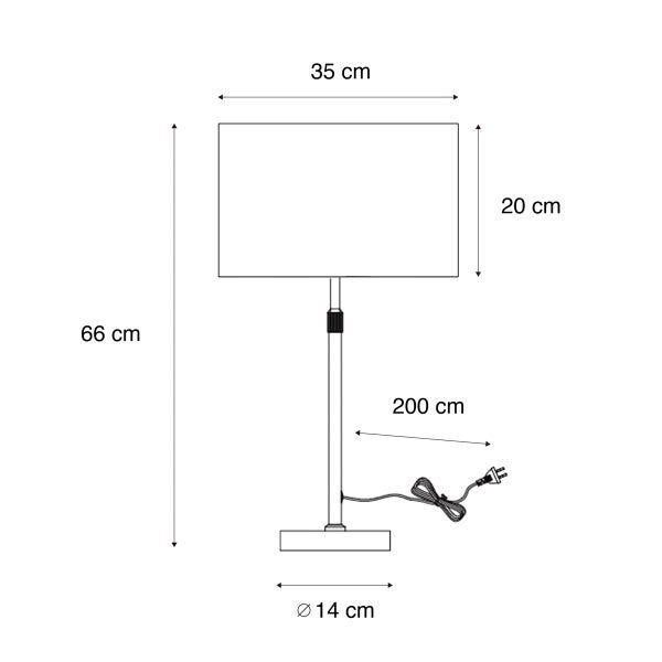 Abbildung der Abmessungen einer Tischleuchte mit rechteckigem Lampenschirm: 66 cm hoch, 35 cm breit und 20 cm tief. Der Lampenfuß hat einen Durchmesser von 14 cm, das Kabel ist 200 cm lang.